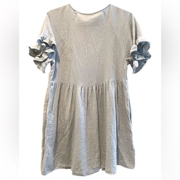 Madewell Short Ruffle Sleeve Easy Mini Dress Pockets Glassware Blue Size Medium - Picture 4 of 8